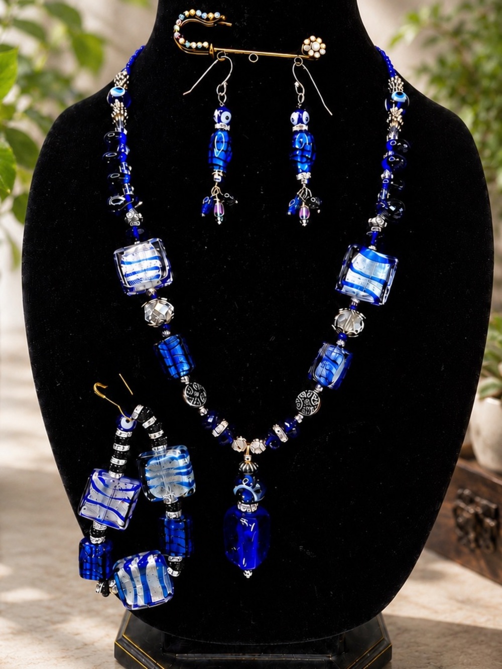 Royal Blue Art Glass Bead Necklace, Bracelet & Earring Set w/Eye of Protections